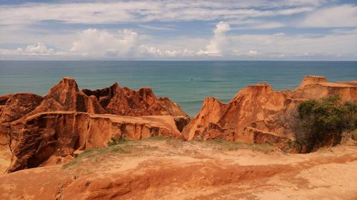 Rock formations by sea against sky