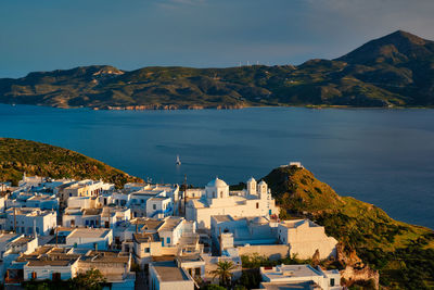 View of plaka village on milos island on sunset in greece