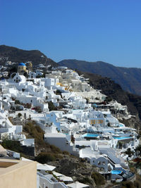 High angle view of townscape against clear blue sky