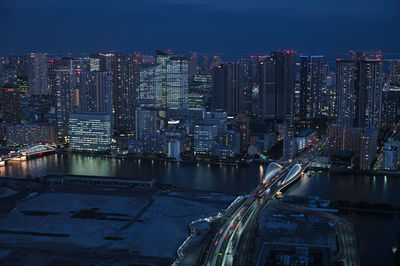 High angle view of illuminated buildings in city at  tokyo shiodome, night