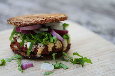 Burger vegan,with pattie of pea protein and arugula naturally meatless delicious and healthy