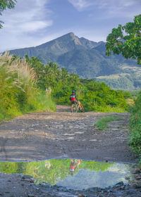 Rear view of man riding bicycle on mountain