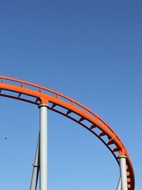 Low angle view of rollercoaster against clear blue sky