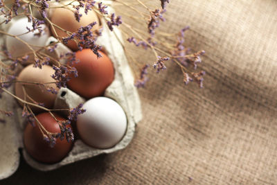 Different colored chicken eggs in a box on a burlap background, easter