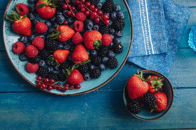 High angle view of strawberries in bowl on table