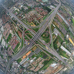 High angle view of modern buildings in city