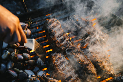 Close-up of preparing food on barbecue grill