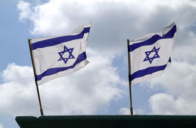 Two israeli flags waving in the wind