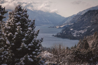 Scenic view of mountains against sky during winter