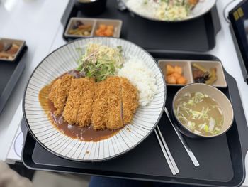 High angle view of food in plate on table