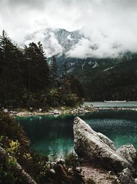 Scenic view of lake in forest against sky