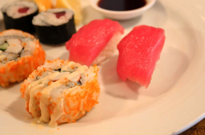 Close-up of sushi served in plate