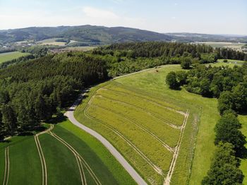 High angle view of agricultural field against sky