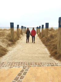 Rear view of couple holding hands and walking on beach