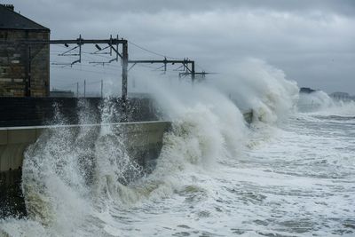 Water splashing in sea against sky