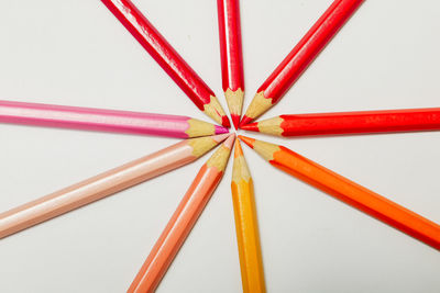 Close-up of multi colored pencils against white background