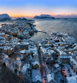 Winter view over Ålesund from fjellstua in snow, norway