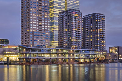 Floating office and residential towers in the blue hour