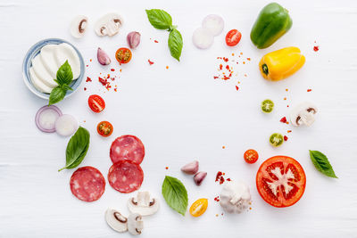 Directly above shot of food on white table