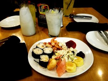 Close-up of food served on table