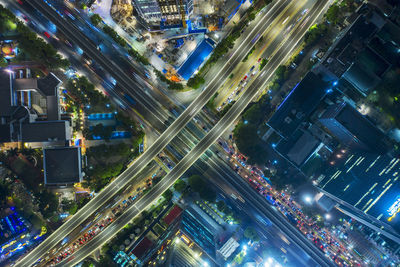 High angle view of illuminated cityscape