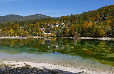 Scenic view of lake by mountains against sky