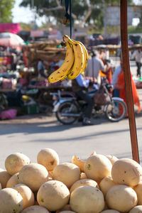 Banana and melon fruits for sale at market stall