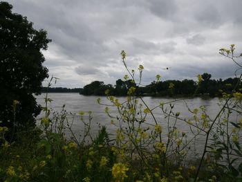 Scenic view of lake against cloudy sky