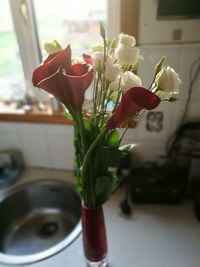 Close-up of red roses in vase at home