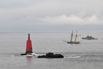 Sailboat on sea against sky