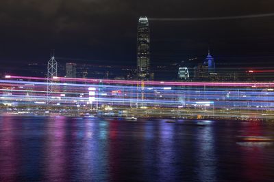 Illuminated city buildings at night