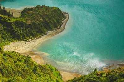 High angle view of bay against clear sky