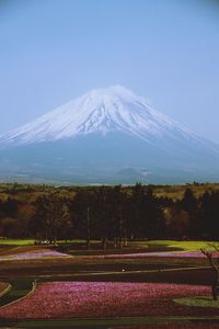 Scenic view of snowcapped mountains against clear sky