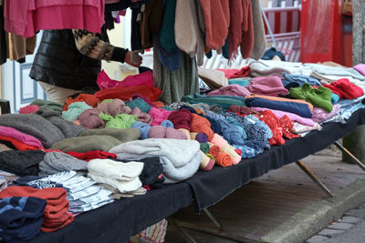 High angle view of clothes for sale