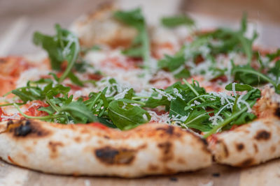Hot pizza ready to eat with tomato sauce, mozzarella, parmesan cheese and fresh rocket leaves