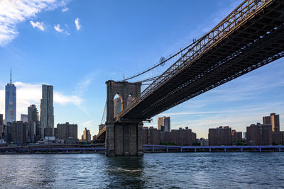 Bridge over river by buildings against sky in city