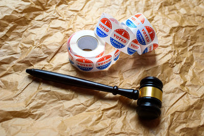 High angle view of coffee cup on table