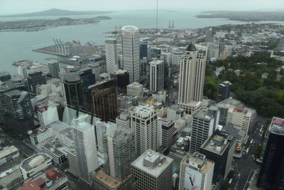 High angle view of modern buildings in city