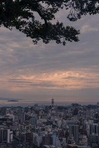 High angle view of townscape against sky at sunset