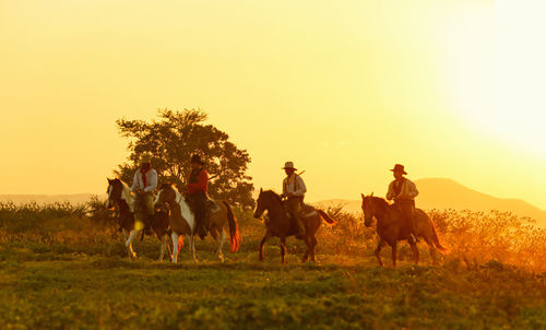 People riding horses on field against sky during sunset