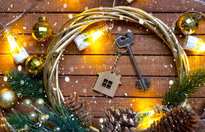 High angle view of christmas decorations on table