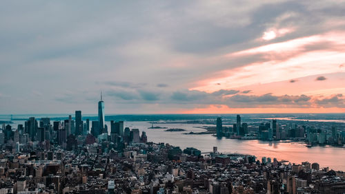 New york city panorama with freedom tower and statue of liberty 