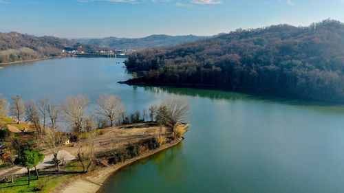 High angle view of lake against sky