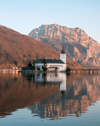 Scenic view of lake by mountain against sky