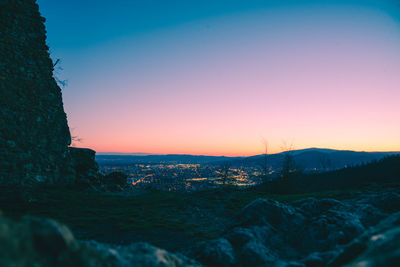 Scenic view of mountains against clear sky during sunset