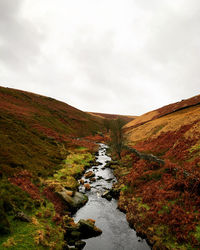 Stream flowing amidst land against sky