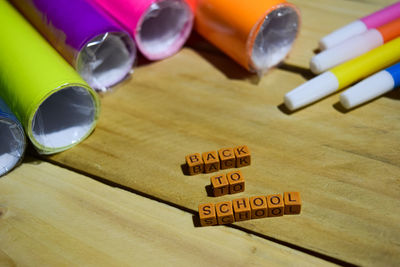 High angle view of objects on table