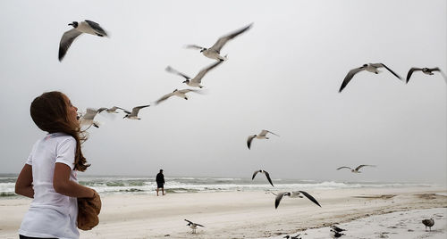 Low angle view of seagulls flying over sea against sky