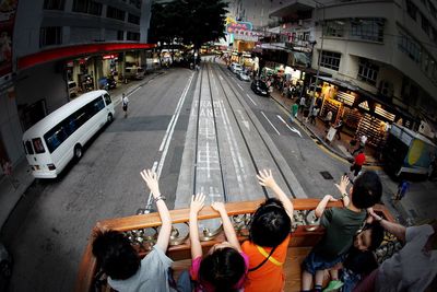 High angle view of crowd on city street