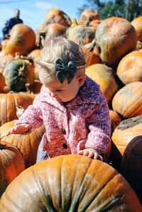 Full frame shot of pumpkins at market. infant in the pumpkins.